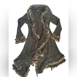 Olivia M purple label wool blend cardigan w/  fur trim sz L cozy layered  boho